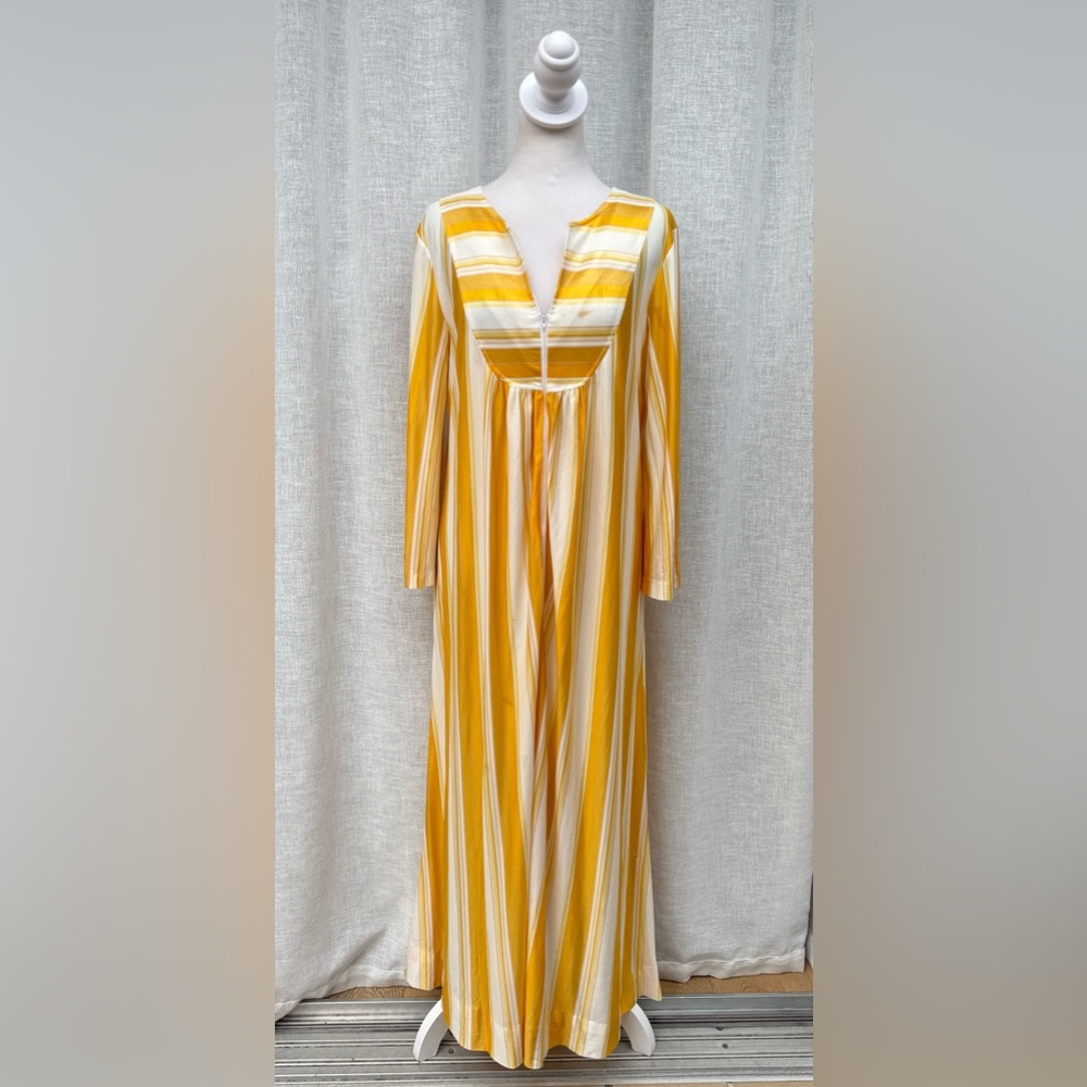 Lisanne 1960 long sleeve yellow mustard white striped hostess loungewear dress